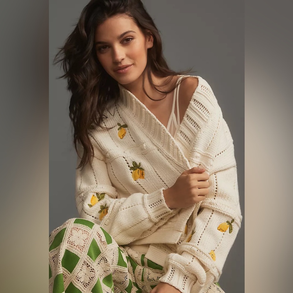 Anthropologie Maeve Lemon Fruit-Embroidered Cardigan (Size XS)